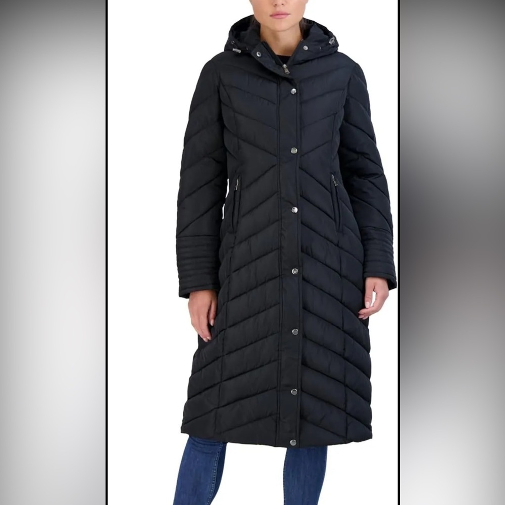 MADDEN GIRL Women’s Black Chevron Pattern Long Puffer Coat Size L NWT